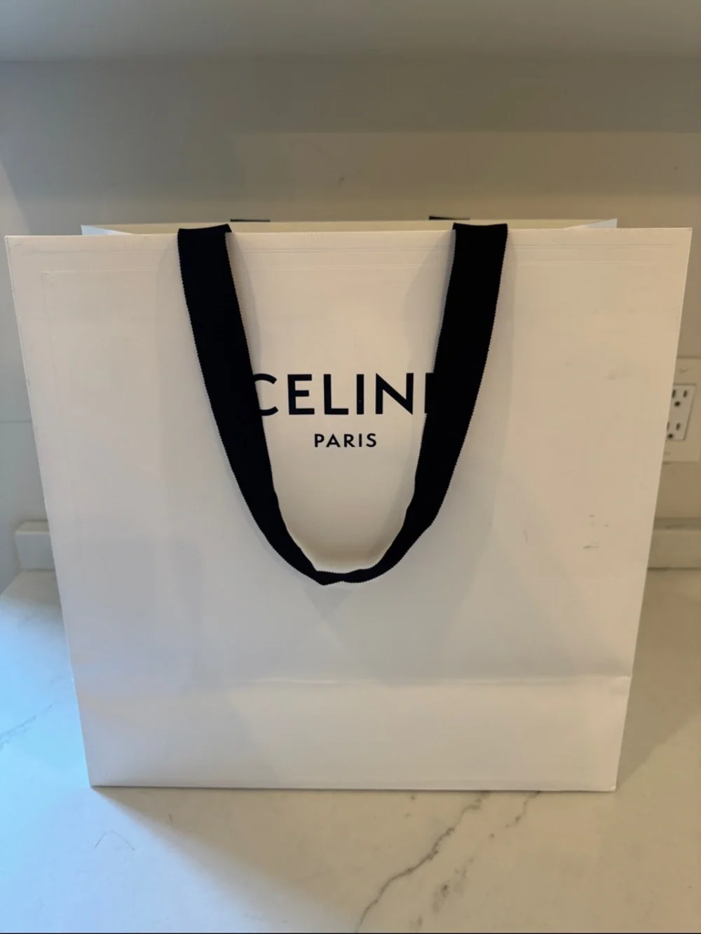 Celine White Shopper Bag with Black Ribbon Handles approx 16x26x7